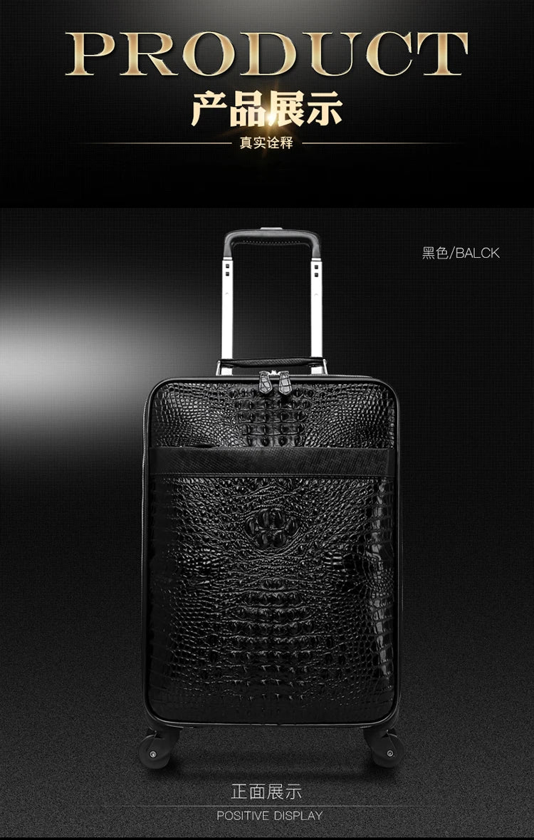 100% Real Leather travel luggage with handbag men head cowhide universal wheel crocodile pattern suitcase 20 inch boarding case
