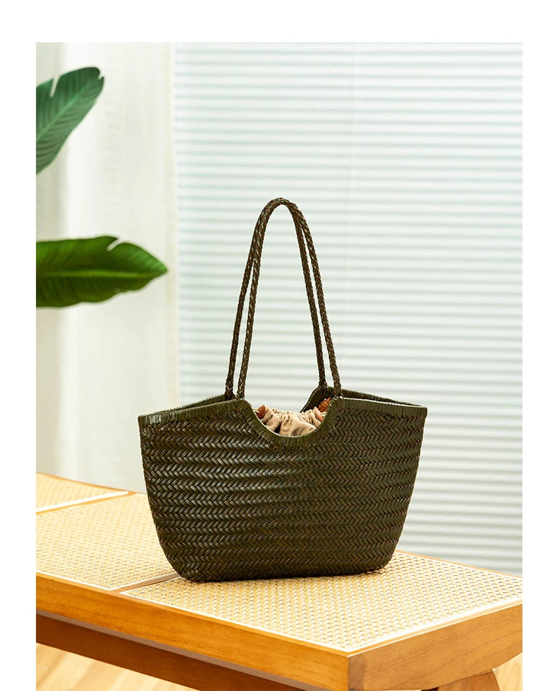 Genuine Leather Handwoven Tote Bag Women's Fashion Shopping Bag Large Capacity Shoulder Bag Luxury Design  Vegetable Basket