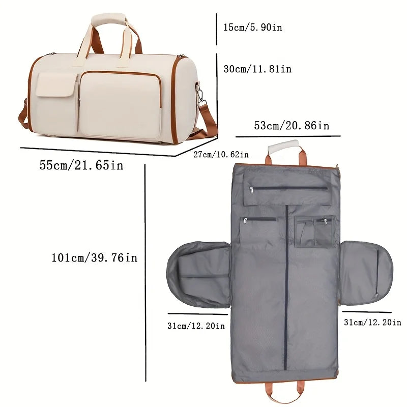 Measurement chart of a beige duffel bag and a gray garment bag with dimensions.