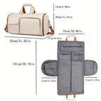 Measurement chart of a beige duffel bag and a gray garment bag with dimensions.