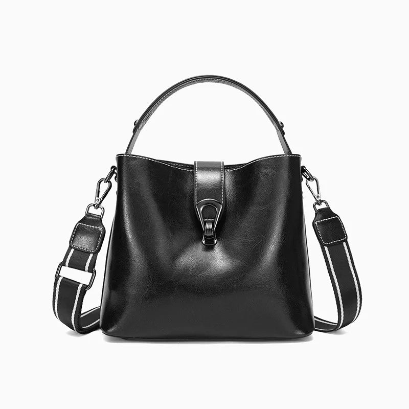 Real Oil Wax Leather Women's Bucket Bag Casual and Simple Tote Bag
