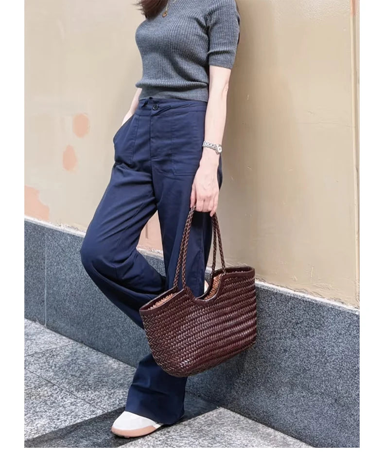 Genuine Leather Handwoven Tote Bag Women's Fashion Shopping Bag Large Capacity Shoulder Bag Luxury Design  Vegetable Basket