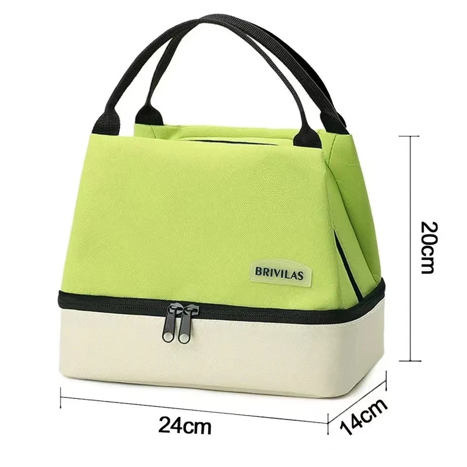 Green and beige insulated lunch bag with dimensions on a white background
