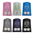 Set of six shoe bags in different colors with shoe illustrations on a white background