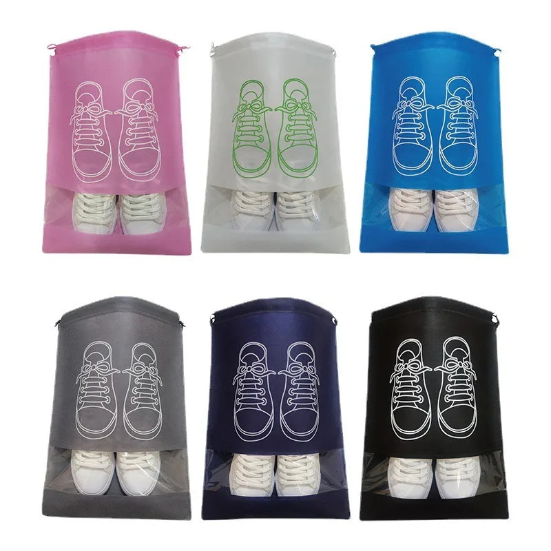 Set of six shoe bags in different colors with shoe illustrations on a white background
