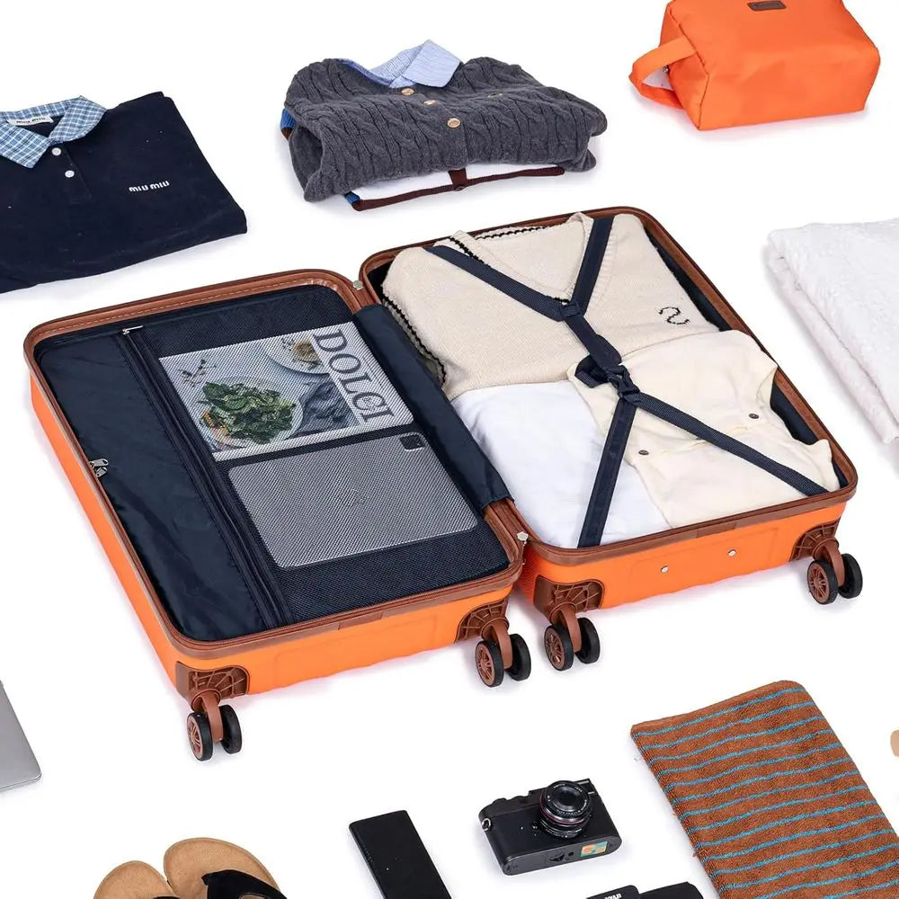 Orange 3-Piece ABS Luggage Set with Spinner Wheels: 22, 14, 9 Airline Approved Suitcases