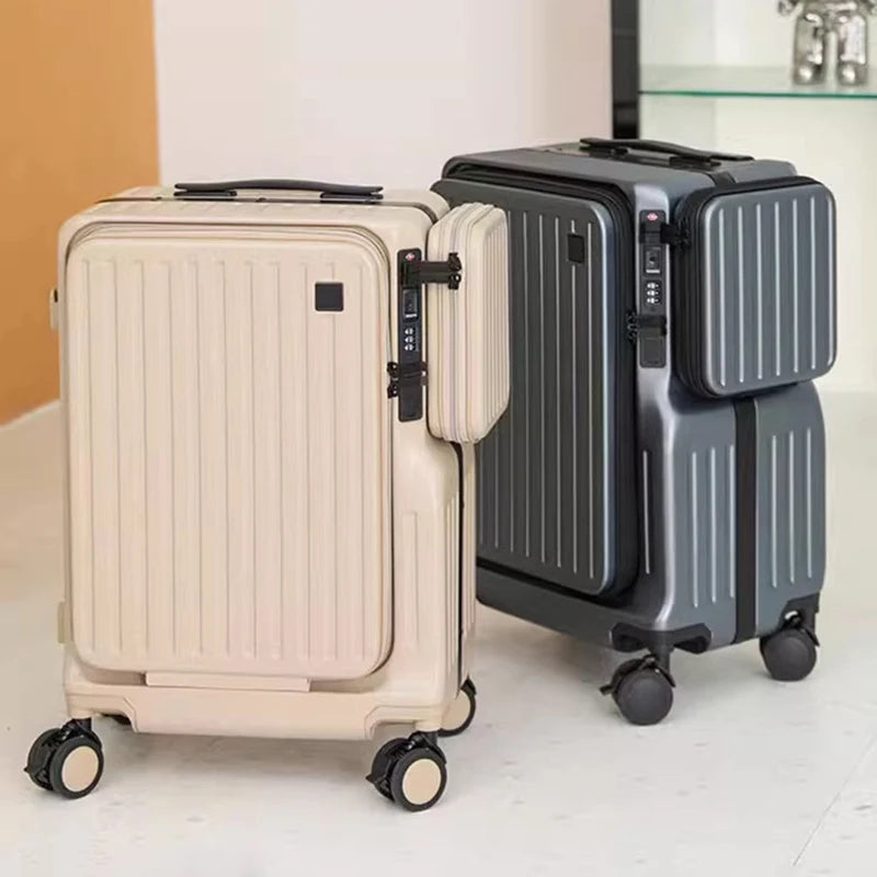 Two suitcases, one beige and one gray, on a light background