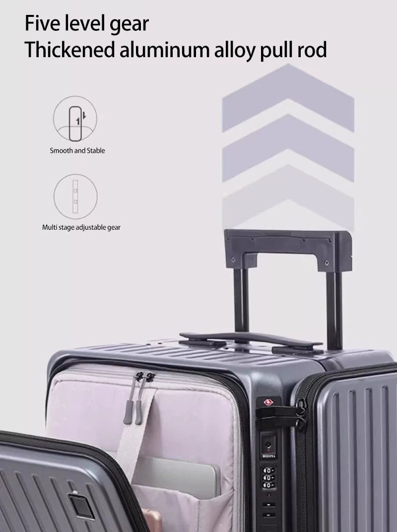 20 Inch Multi Functional Dual Opening Suitcase PC Luggage with USB Port Phone Holder Brake Wheels Travel Luggage for Men Women