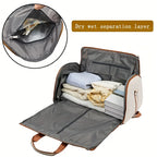 Open travel bag with dry and wet separation layer feature, showing a dog inside.
