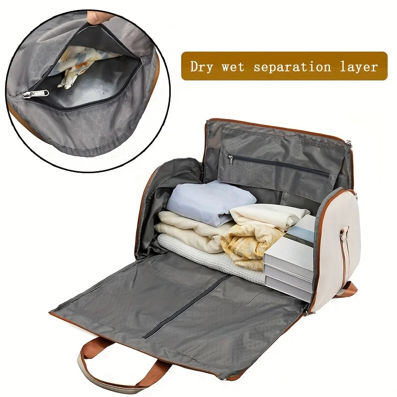 Open travel bag with dry and wet separation layer feature, showing a dog inside.
