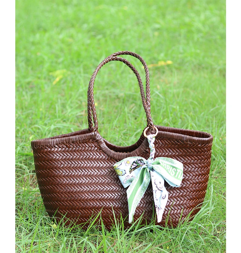 Genuine Leather Handwoven Tote Bag Women's Fashion Shopping Bag Large Capacity Shoulder Bag Luxury Design  Vegetable Basket