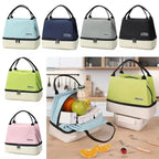 Collection of Brifuls lunch bags in various colors with a kitchen setting and food items.