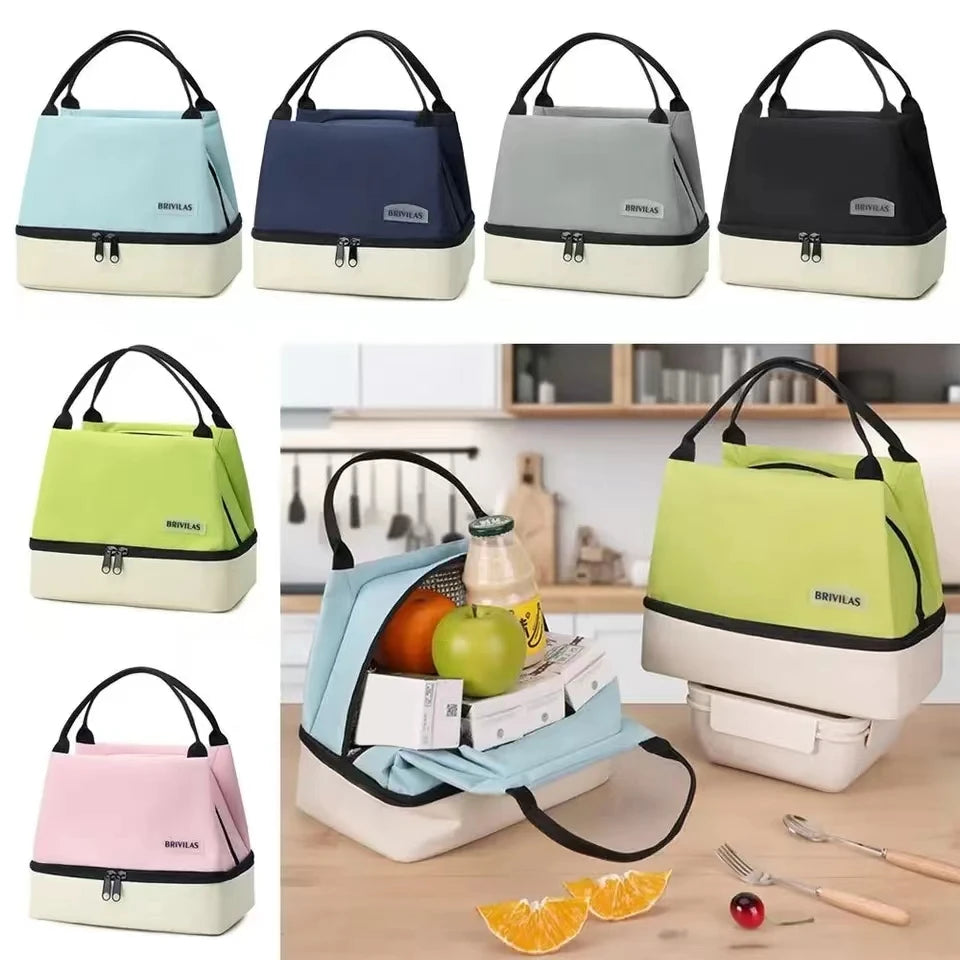 Collection of Brifuls lunch bags in various colors with a kitchen setting and food items.