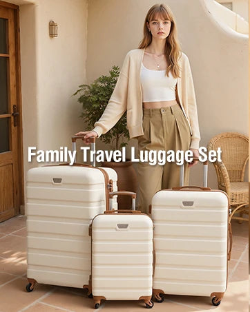Woman with a family travel luggage set in a home setting