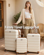 Woman with a family travel luggage set in a home setting