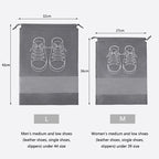 Dimensions of shoe bags for men's and women's shoes with illustrations of shoes on a gray background.