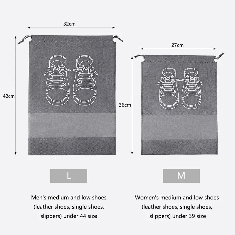 Dimensions of shoe bags for men's and women's shoes with illustrations of shoes on a gray background.