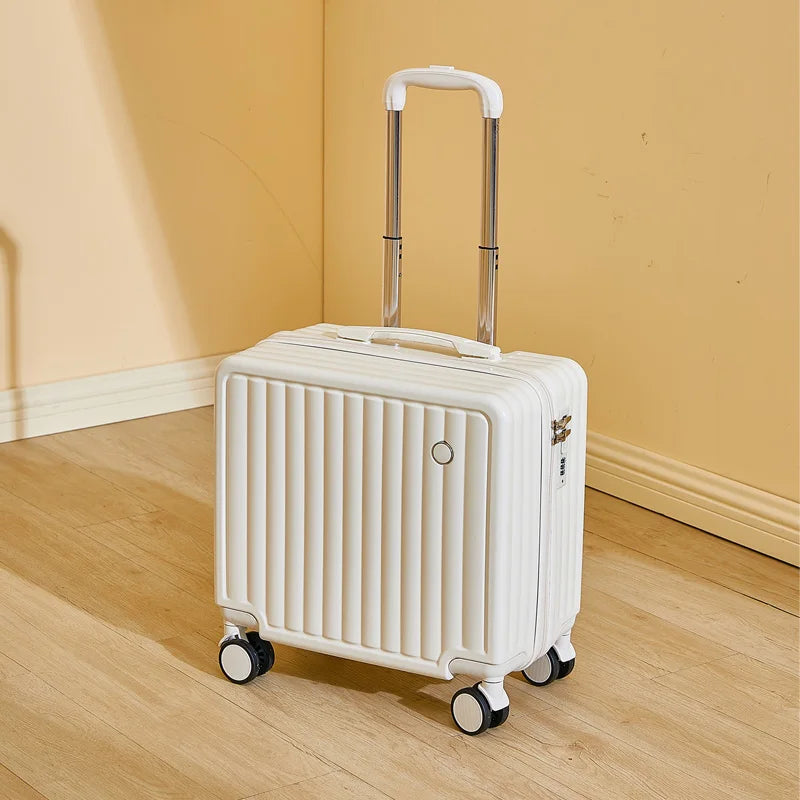 White suitcase with a ribbed design on a wooden floor against a beige wall