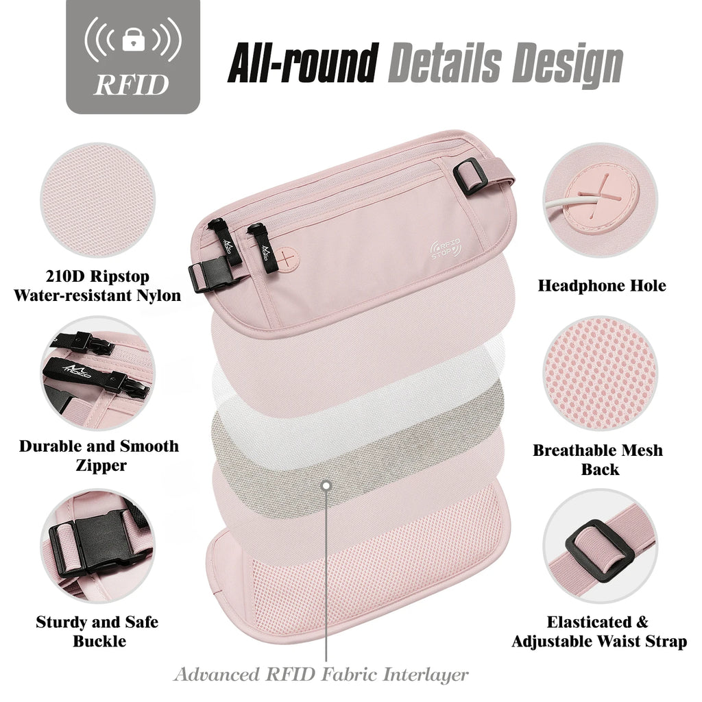 MoKo Secure Travel Money Belt Undercover Hidden RFID Blocking Travel Wallet Anti-Theft Passport Wallets for Men Women
