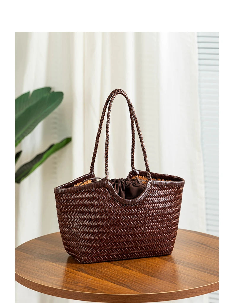 Genuine Leather Handwoven Tote Bag Women's Fashion Shopping Bag Large Capacity Shoulder Bag Luxury Design  Vegetable Basket