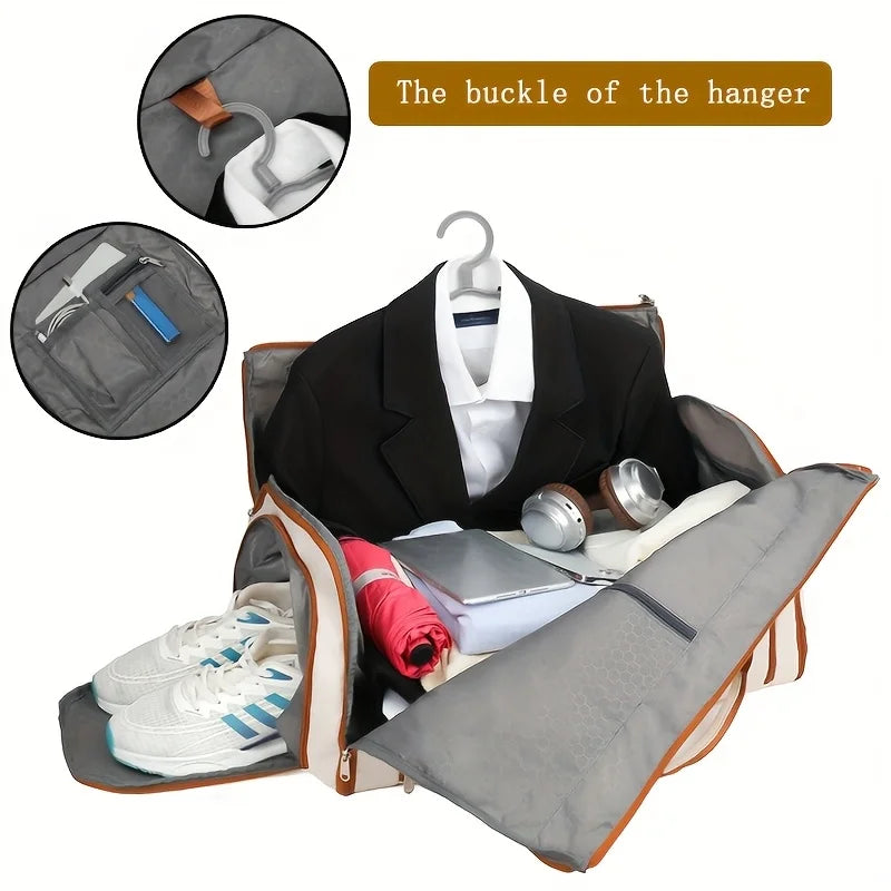 Compact travel bag with clothes and shoes, highlighting the buckle of a hanger.