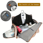 Compact travel bag with clothes and shoes, highlighting the buckle of a hanger.