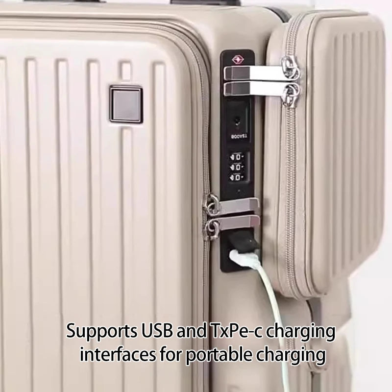 20 Inch Multi Functional Dual Opening Suitcase PC Luggage with USB Port Phone Holder Brake Wheels Travel Luggage for Men Women
