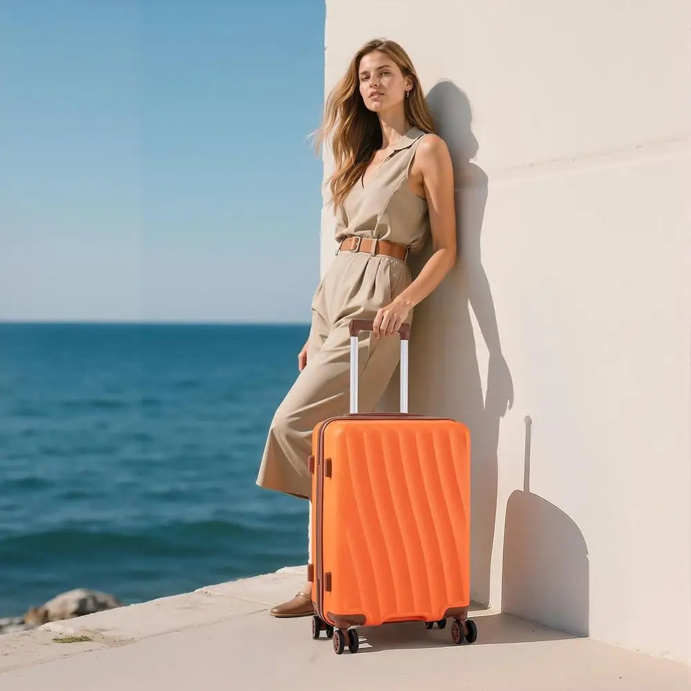 Orange 3-Piece ABS Luggage Set with Spinner Wheels: 22, 14, 9 Airline Approved Suitcases