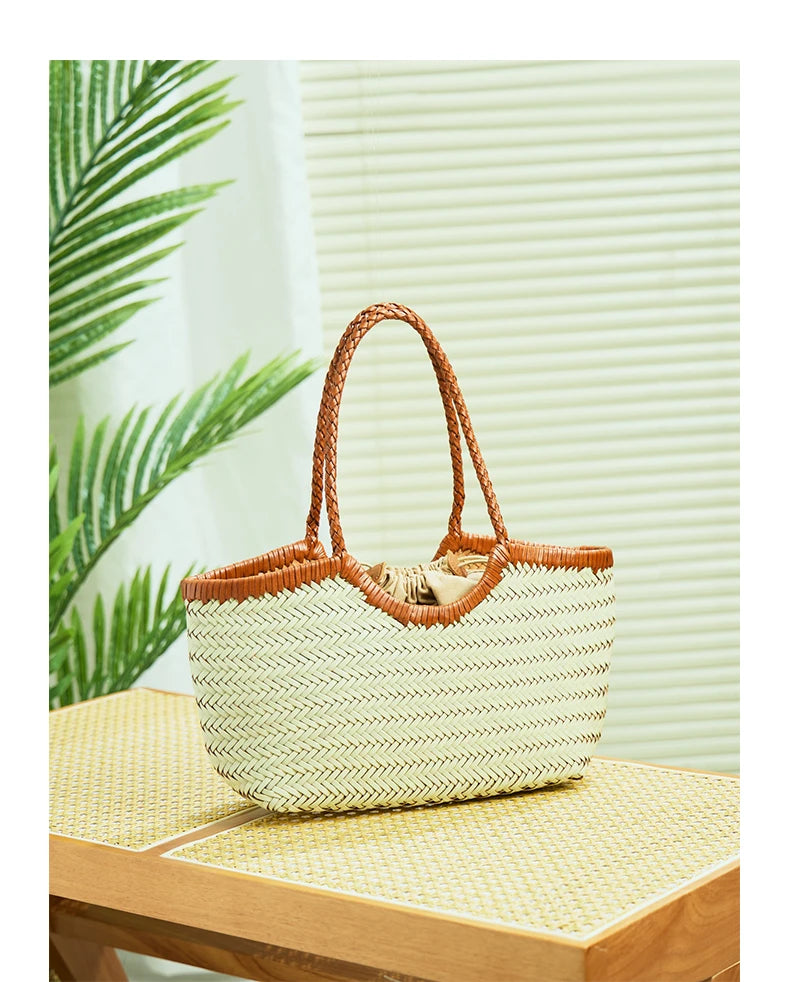 Genuine Leather Handwoven Tote Bag Women's Fashion Shopping Bag Large Capacity Shoulder Bag Luxury Design  Vegetable Basket