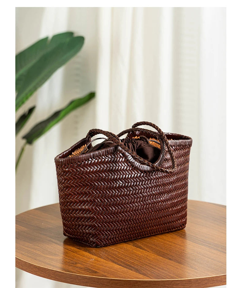 Genuine Leather Handwoven Tote Bag Women's Fashion Shopping Bag Large Capacity Shoulder Bag Luxury Design  Vegetable Basket