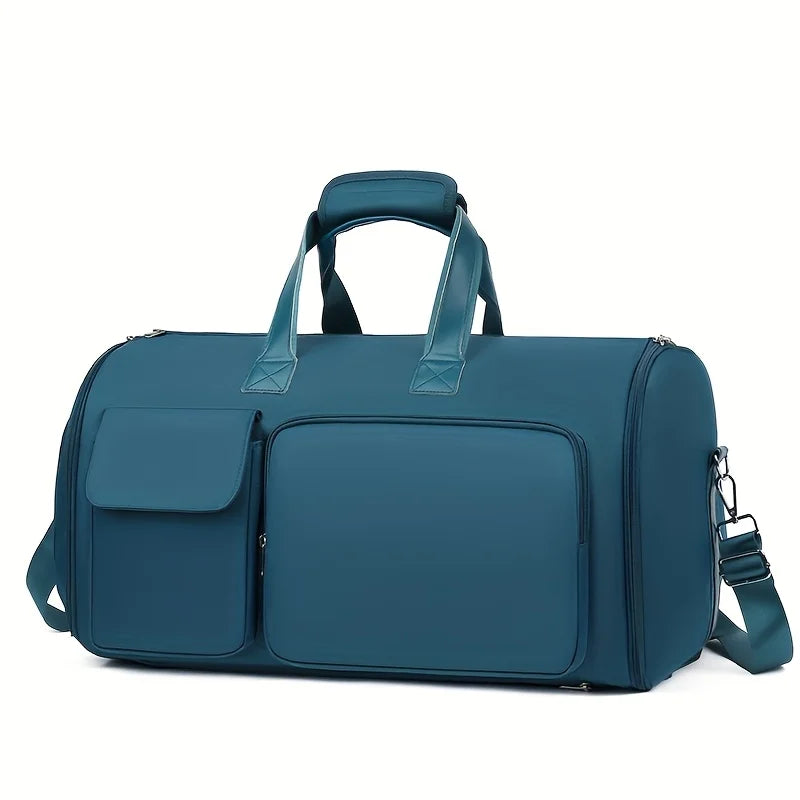 Teal duffel bag with shoulder strap on a white background