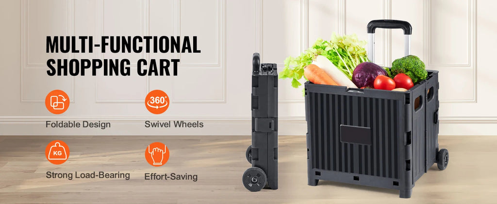 SucceBuy Foldable Utility Shopping Cart Folding Portable Crate Handcart with Telescope Handle Wheels for Travel Office Garden