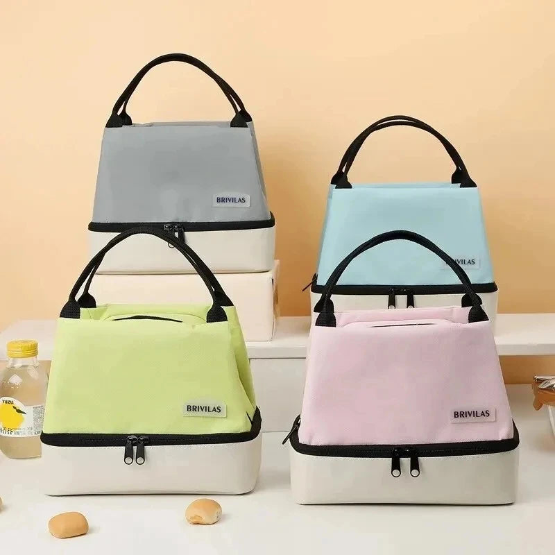 Four Brivilas lunch bags in different colors on a beige background