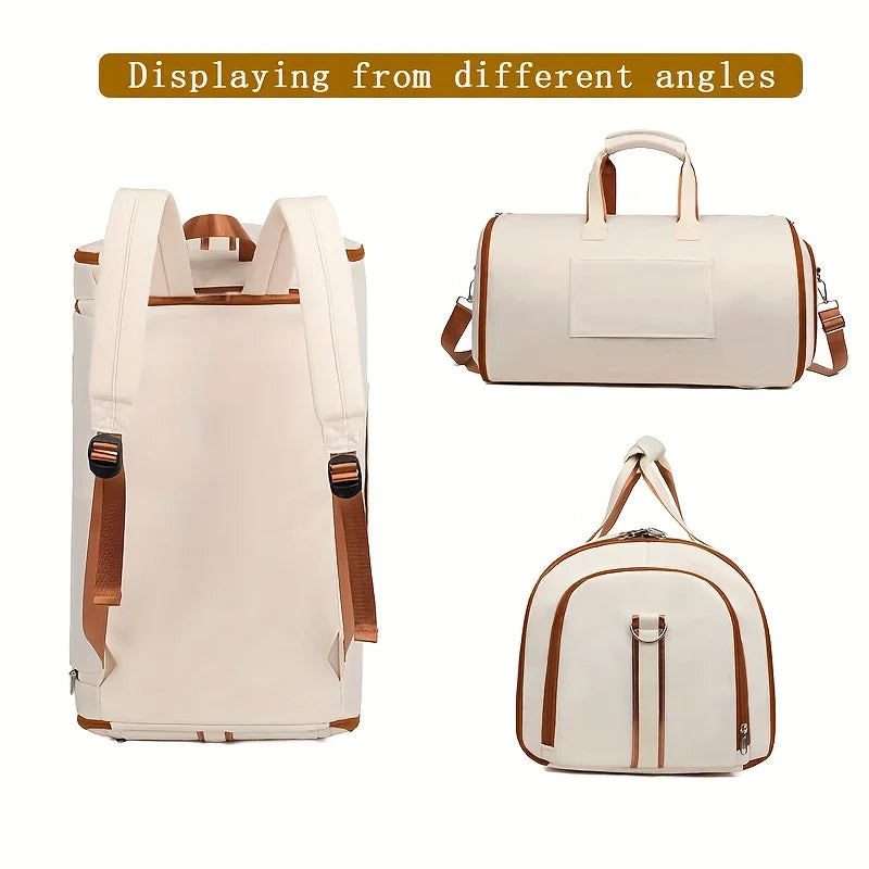Beige and brown bags displayed from multiple angles on a white background.