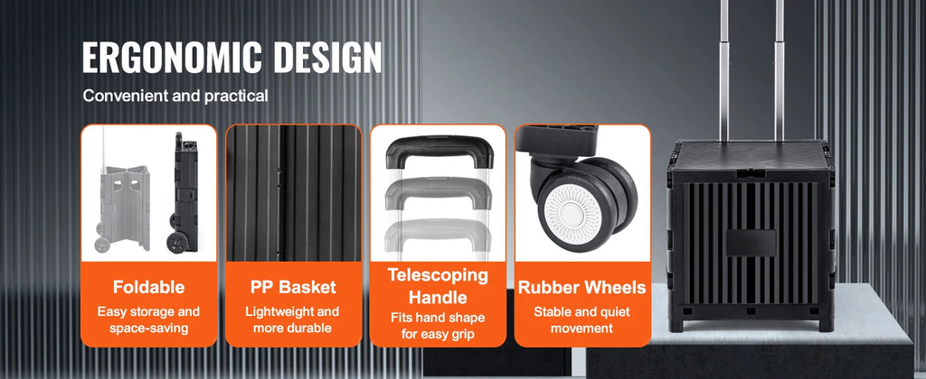 SucceBuy Foldable Utility Shopping Cart Folding Portable Crate Handcart with Telescope Handle Wheels for Travel Office Garden