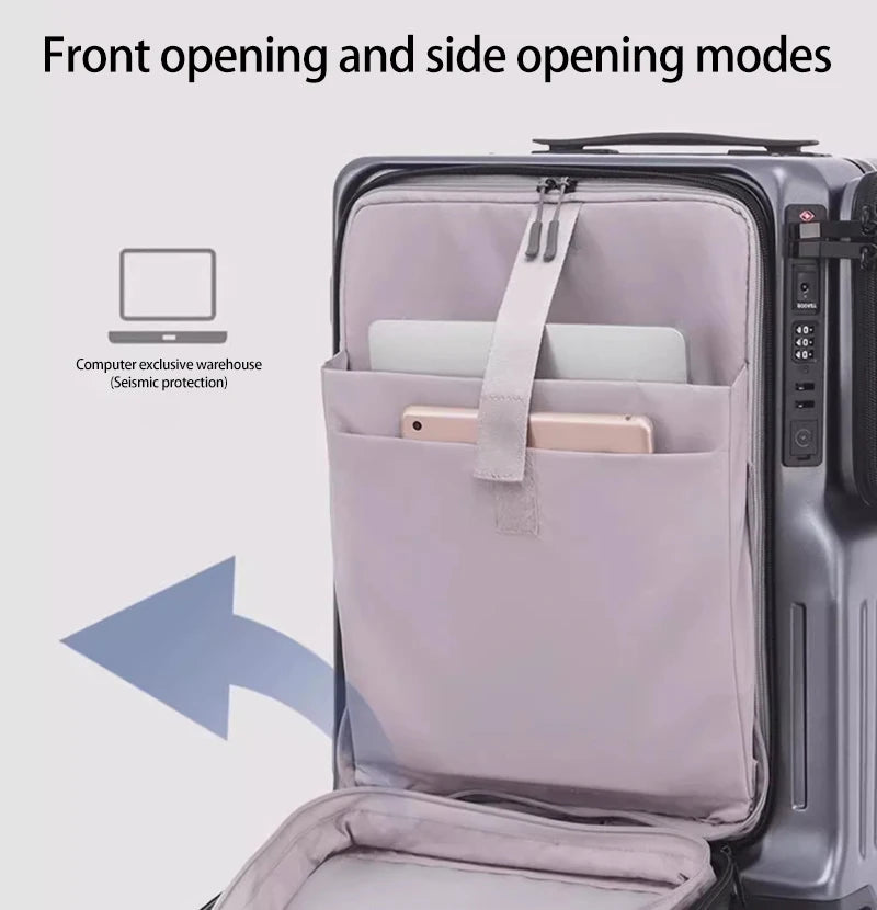 20 Inch Multi Functional Dual Opening Suitcase PC Luggage with USB Port Phone Holder Brake Wheels Travel Luggage for Men Women