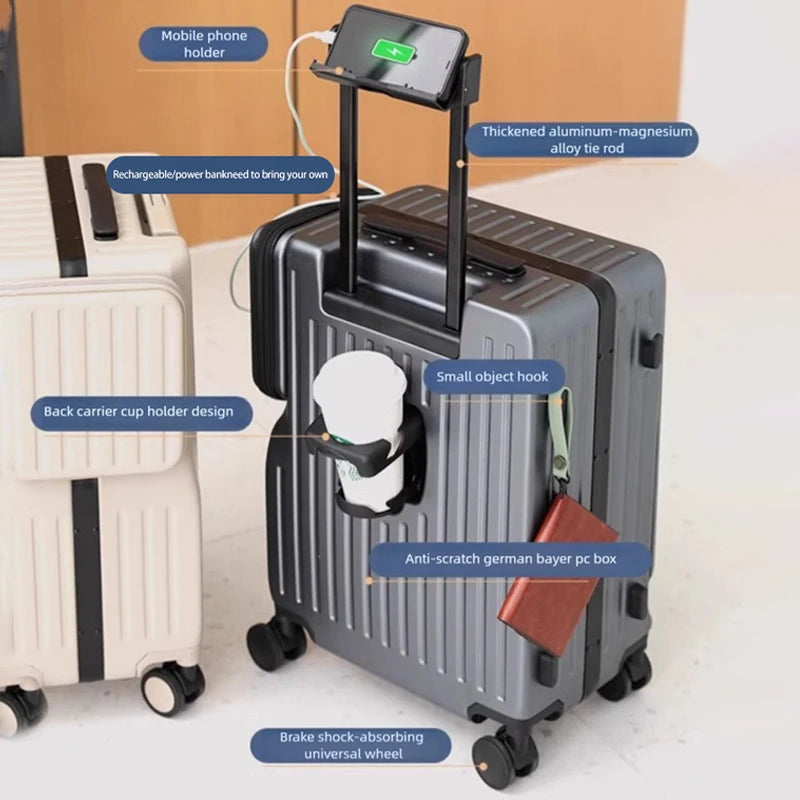 20 Inch Multi Functional Dual Opening Suitcase PC Luggage with USB Port Phone Holder Brake Wheels Travel Luggage for Men Women