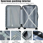 Gray suitcase with open lid showing interior features, including a strong X-type elastic strap, closed mesh pockets, zipped side pockets, and expandable room.