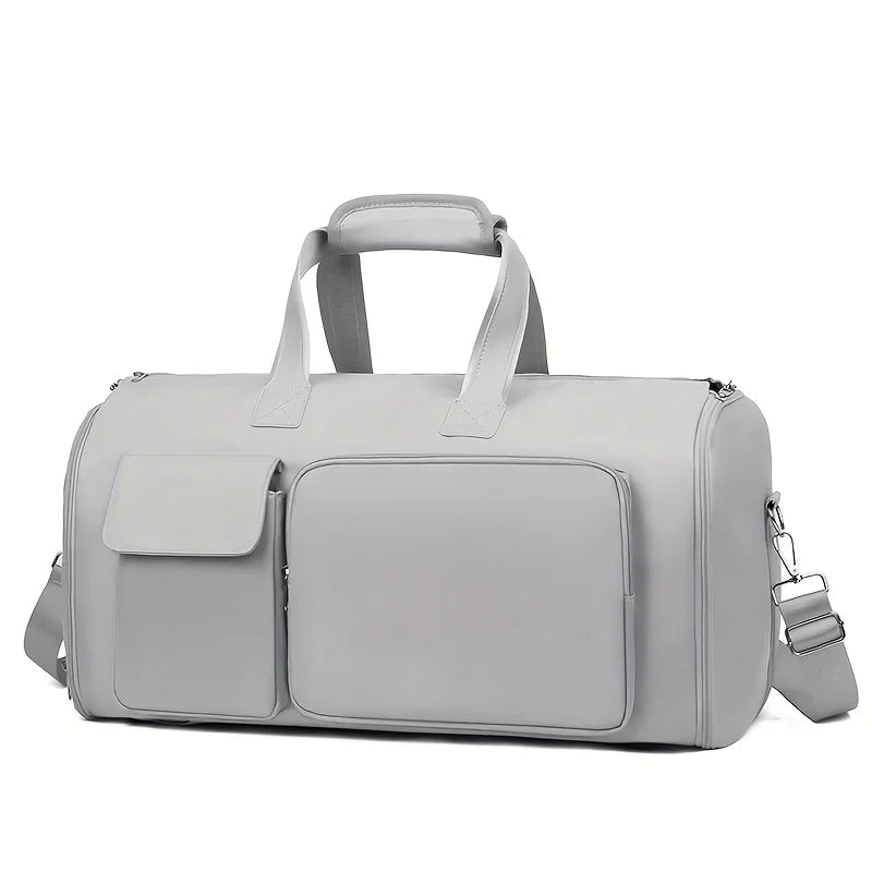 Gray duffel bag with multiple pockets on a white background