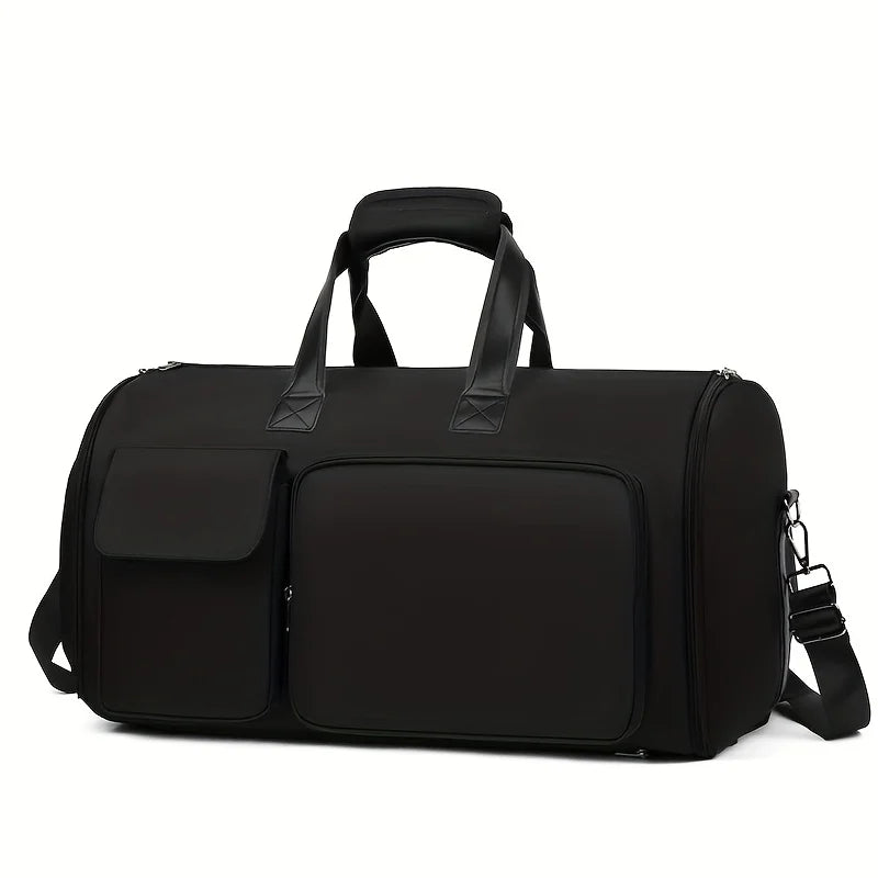 Black duffel bag with shoulder strap on a white background
