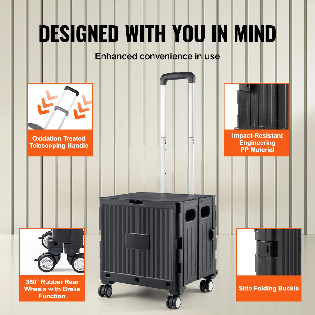 SucceBuy Foldable Utility Shopping Cart Folding Portable Crate Handcart with Telescope Handle Wheels for Travel Office Garden