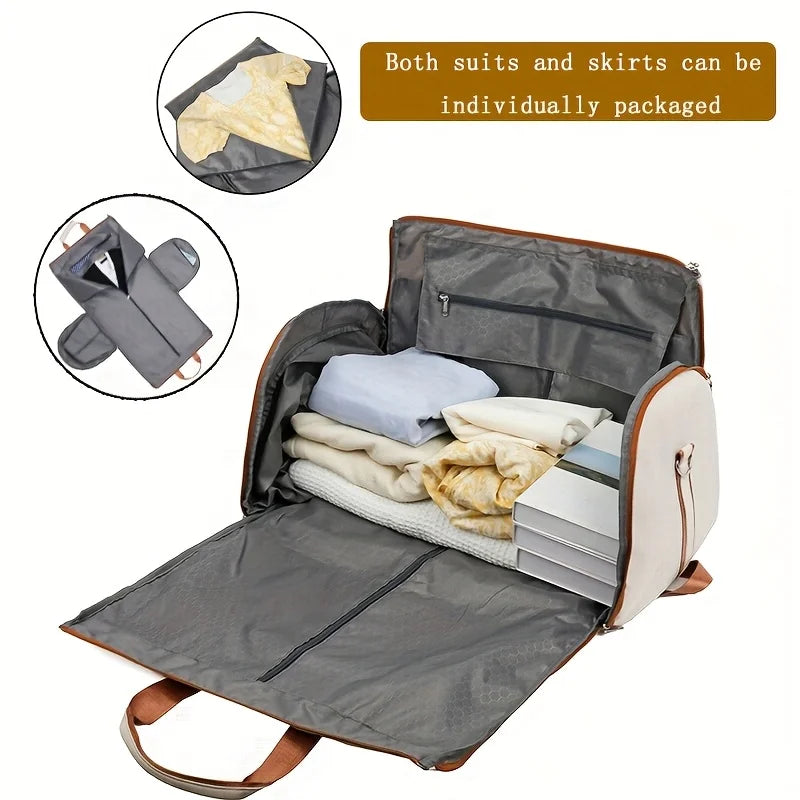 Foldable travel bag with clothes and text indicating individual packaging.