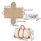 Beige travel bag with dimensions on a white background
