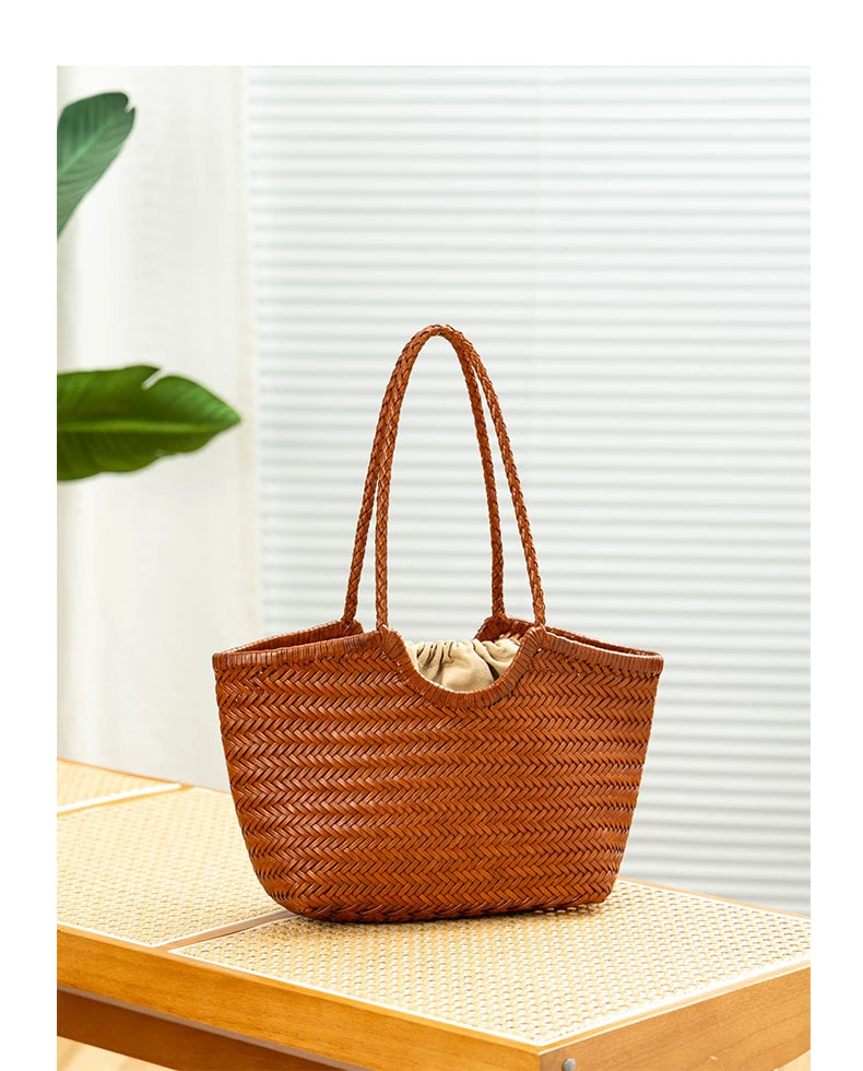 Genuine Leather Handwoven Tote Bag Women's Fashion Shopping Bag Large Capacity Shoulder Bag Luxury Design  Vegetable Basket