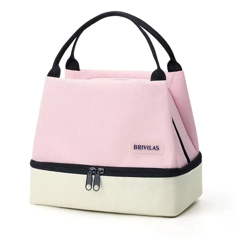 Pink and beige tote bag with black handles and zipper, featuring the brand 'BRIVILAS'.