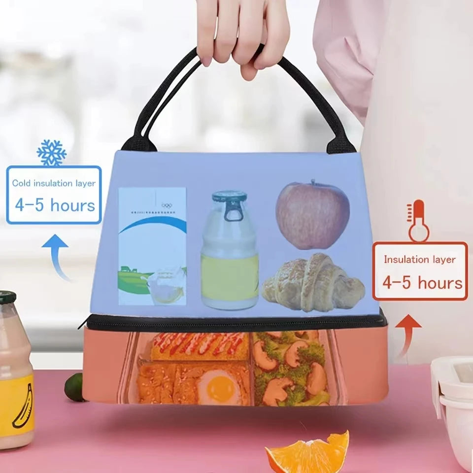 Insulated lunch bag with food illustrations and temperature indicators on a pink background