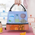 Insulated lunch bag with food illustrations and temperature indicators on a pink background