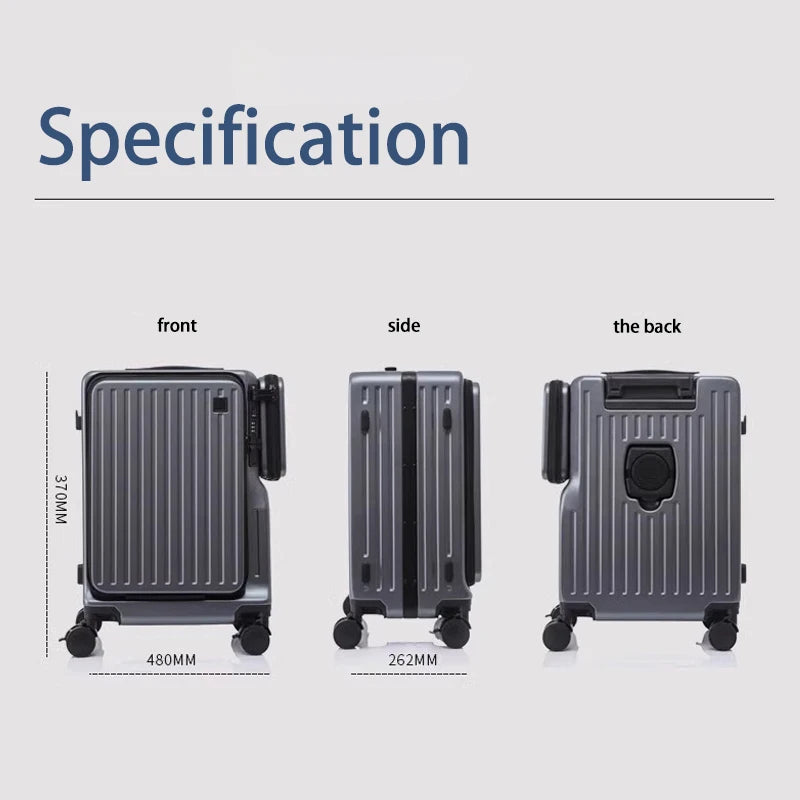 20 Inch Multi Functional Dual Opening Suitcase PC Luggage with USB Port Phone Holder Brake Wheels Travel Luggage for Men Women