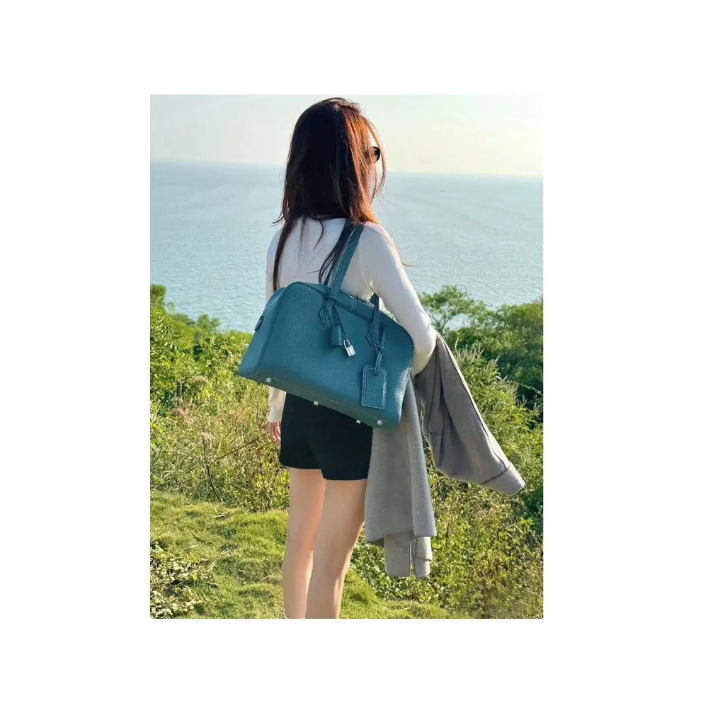 Premium First Layer Cowhide Boston Genuine Leather Women's Bag Simple Large Capacity Bowling Armpit Bag Portable Messenger Bag