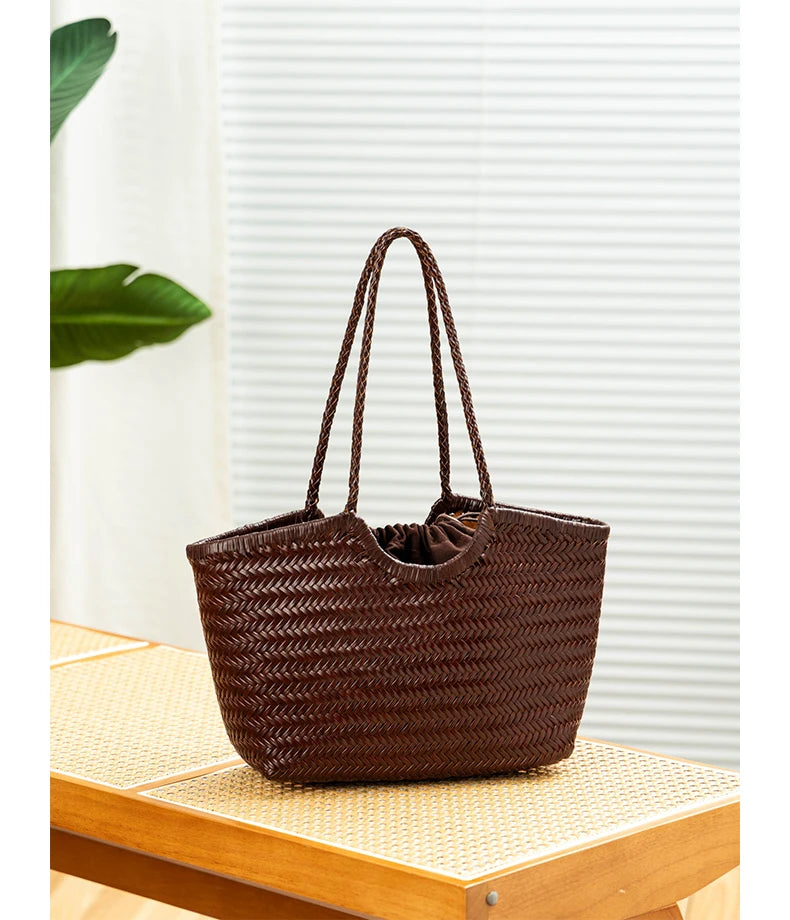 Genuine Leather Handwoven Tote Bag Women's Fashion Shopping Bag Large Capacity Shoulder Bag Luxury Design  Vegetable Basket